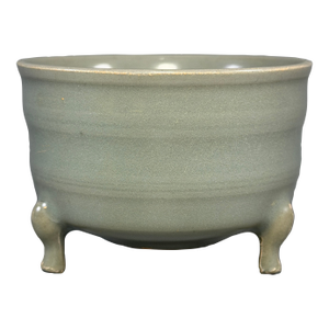 China Vintage Longquan Celadon Ribbed Tripod Incense Burner