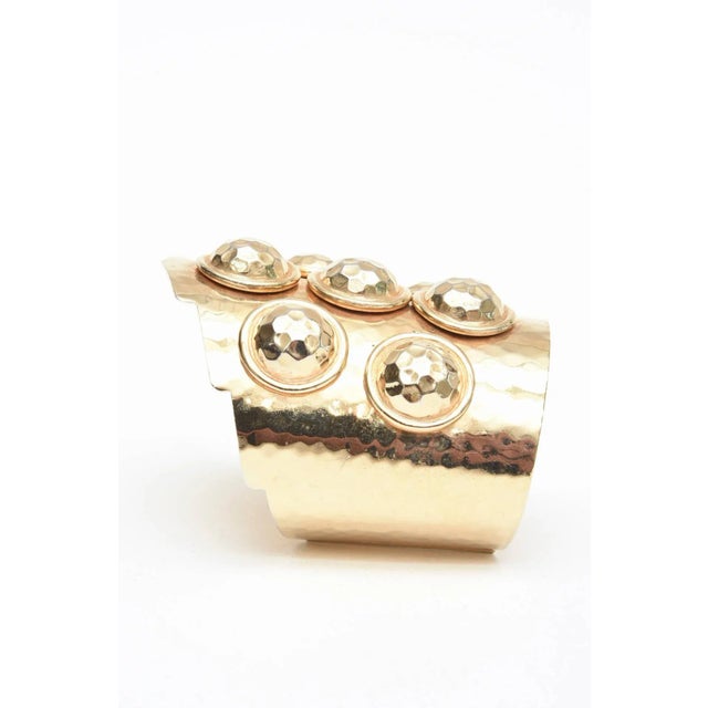 1970s Vintage Hand Hammered Brass Wide Cuff Bracelet With Seven Raised Disks, 1970's For Sale - Image 5 of 8