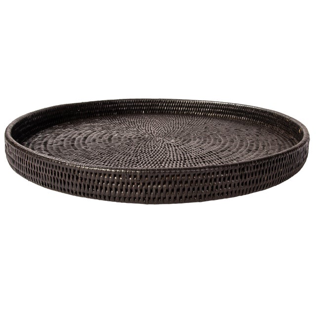 2020s Artifacts Rattan Round Serving Ottoman Tray 28" Diameter, Tudor Black For Sale - Image 5 of 6