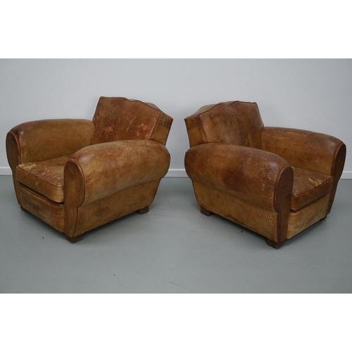 French Cognac Moustache Back Leather Club Chairs, 1940s, Set of 2 For Sale - Image 11 of 18