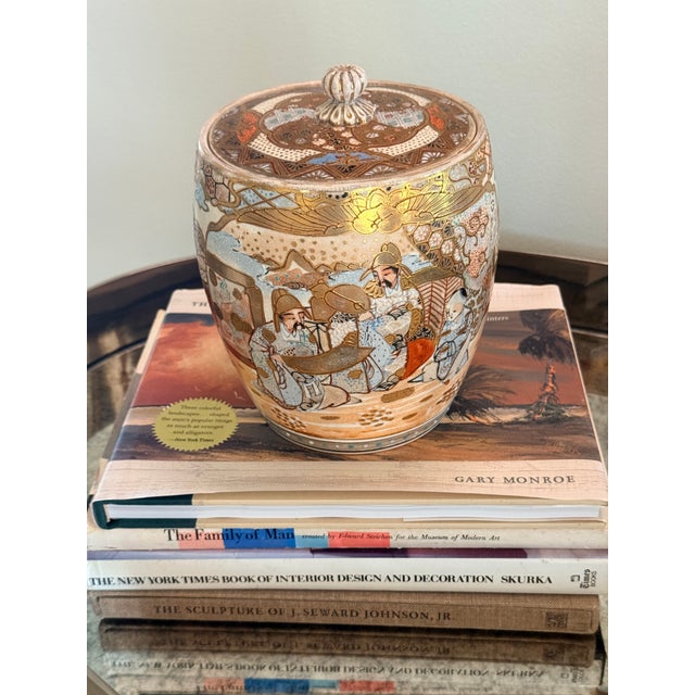 Mid 20th Century Japanese Satsuma Style Lidded Jar Hand Painted Moriage Figural Decor For Sale In West Palm - Image 6 of 11