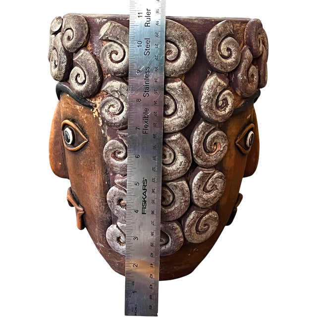 Terra Cotta 1960s Monumental Handcrafted Mexican Terra Cotta Janus Head Planter / Vessel With Spiral Relief Motif For Sale - Image 8 of 9