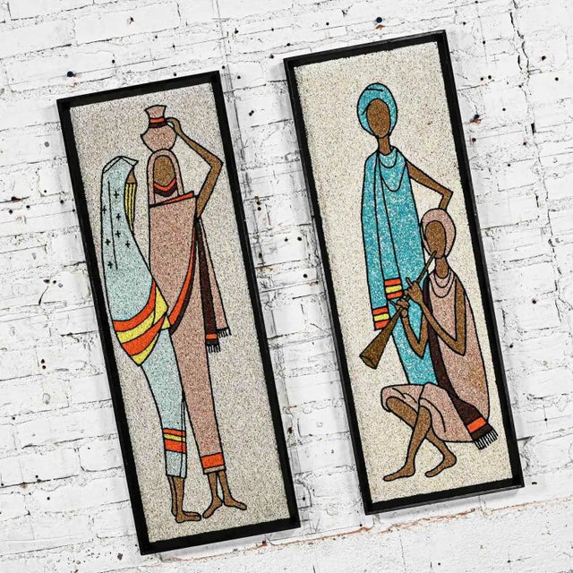 Wonderful vintage mid-century modern framed gravel art figural mosaics, a pair. Beautiful condition, keeping in mind that...
