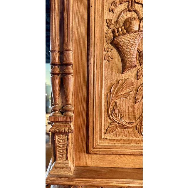 Wood Beautiful 19th Century Pitch Pine Double Buffet With Hand Carved Motifs and Brass Hardware For Sale - Image 7 of 12