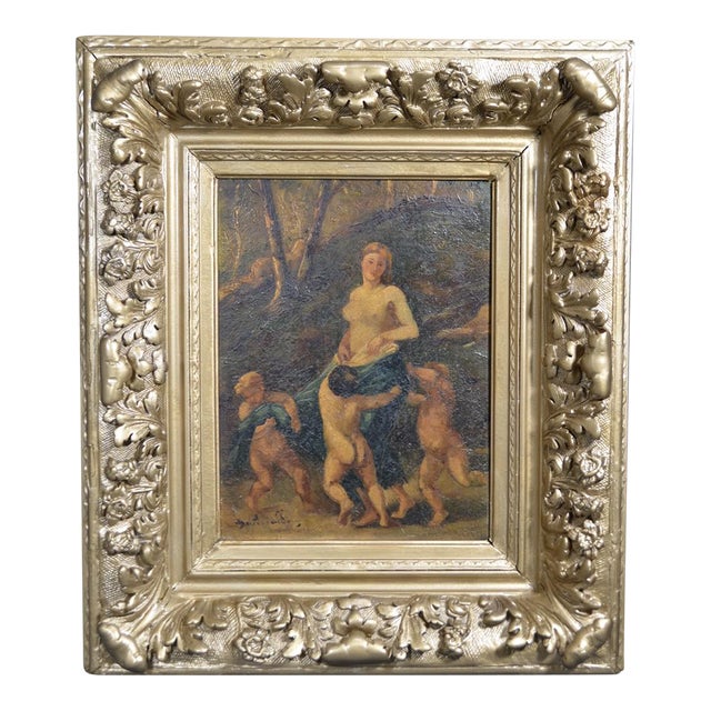 19th-Century French School Mythological Oil Painting, Nymph and Three Putti For Sale