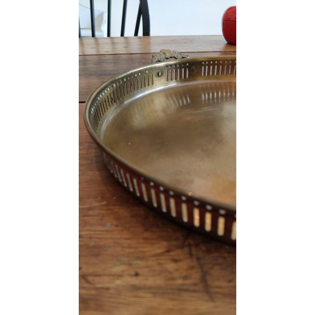 Brass Mid Century Brass Copper Round Tray With Handles Butler Serving For Sale - Image 8 of 10