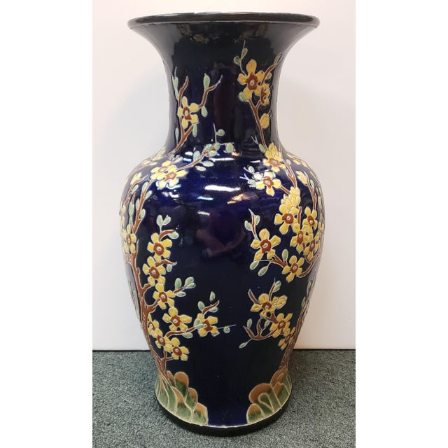 Circa 1970 Chinese Fencai/Famille Rose Style on Cobalt Ground Porcelain Vase With Plum Blossoms For Sale - Image 4 of 9