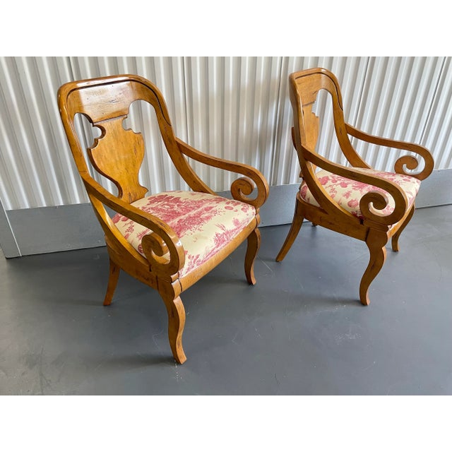Biedermeier Vintage Biedermeier Style Upholstered Arm Chairs by Drexel Heritage - a Pair For Sale - Image 3 of 12