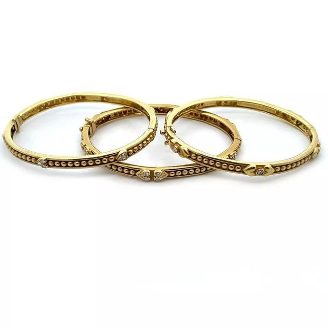 Judith Ripka Bracelet Diamond 18k Yellow Gold Bead & Hearts Hinge 3 Bangles For Sale - Image 4 of 7