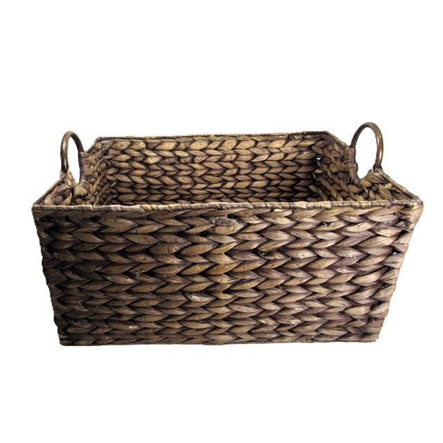 Rustic Vintage Water Hyacinth Woven Reed Basket + Brass Handles For Sale - Image 3 of 11