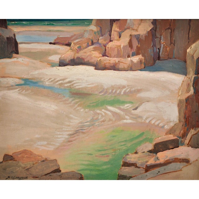 Stanley horace gardiner. english ( b.1887 - d.1952 ). tide pools, porthcurno beach, cornwall. oil on board. signed lower...