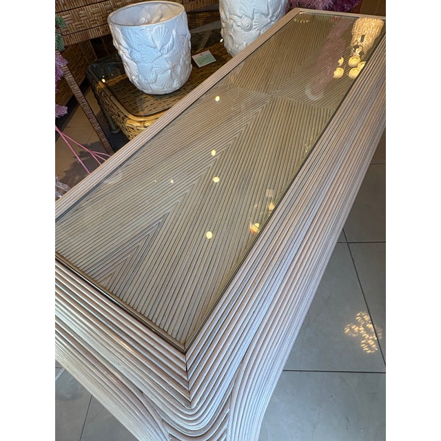 Vintage Coastal Palm Beach Pencil Reed Rattan Ming Console Table New Glass Top For Sale - Image 15 of 15