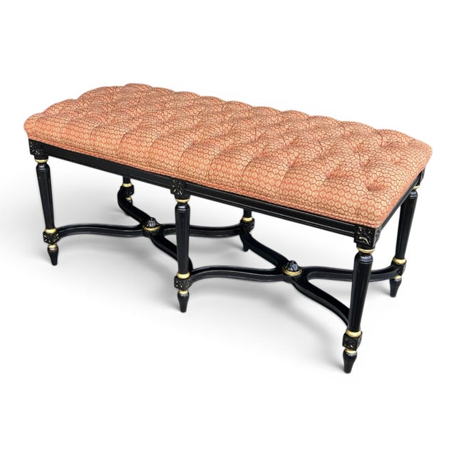 1960s Louis XVI Style Ebonized Bench With Tufted Coral Jacquard Upholstery For Sale - Image 4 of 10