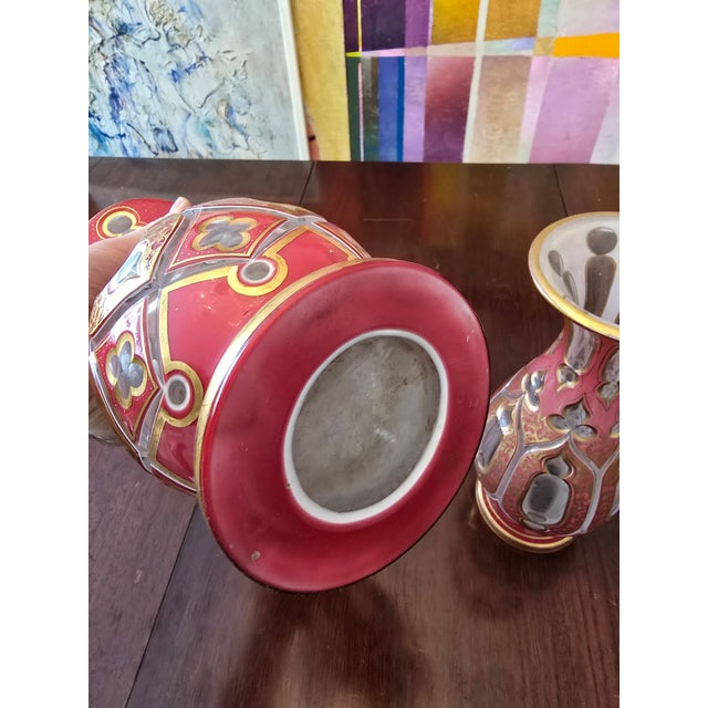 Cerise Antique Moser Bohemian Glass Salmon Color Vases- a Pair For Sale - Image 8 of 12