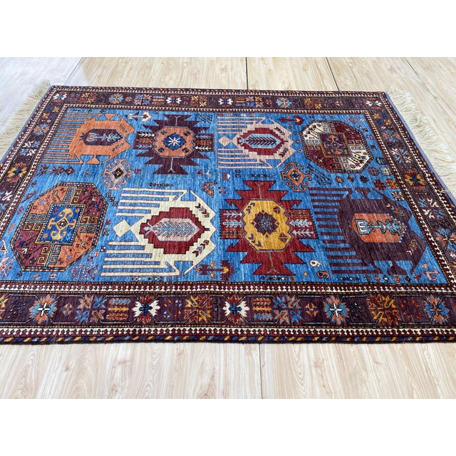 Blue 5x7 Ft. Blue Karachov Kazak Design Handknotted Wool Rug For Sale - Image 8 of 10