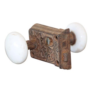 Late 19th Century Porcelain Doorknobs W/ Cast Iron Scroll Rim Lock For Sale