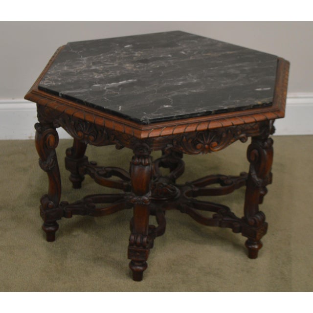 Antique Renaissance Revival Carved Walnut Hexagon Marble Top