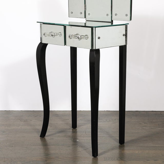 Silver Art Deco Hollywood Mirrored Trifold Ebonized Cabriole Leg Vanity W/ Glass Pulls For Sale - Image 8 of 18