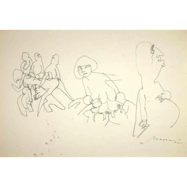 The Motherhood is an Original Drawing in pencil carbon on creamy-colored paper realized by Mino Maccari in the mid-20th...