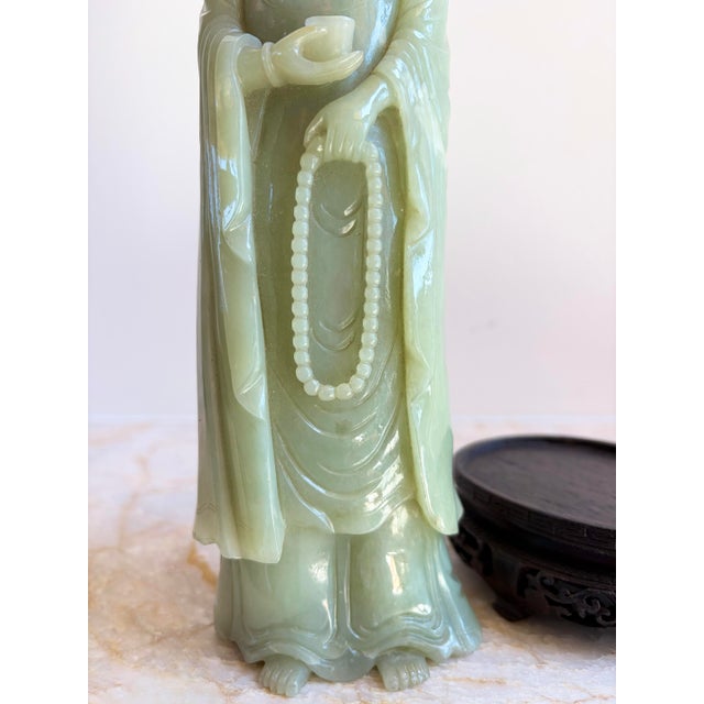Chinese Antique Chinese Qing Dynasty Nephrite Jade Guanyin Kwan Yin Figurine W/ Stand For Sale - Image 3 of 12