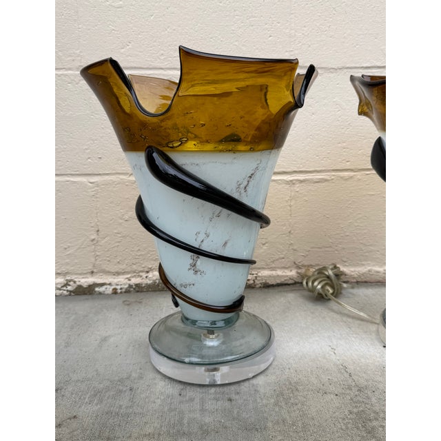 Pair of Sculptural Studio Glass Table Lamps by Thumprints (Alison K. West) A striking and highly sculptural pair of studio...
