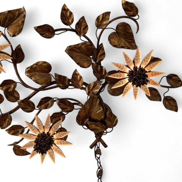 Vintage Italian Gilt Tole Sunflower Wall Sconce, 48.5 In For Sale In Los Angeles - Image 6 of 10