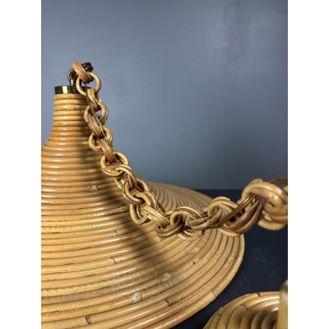 Mid-Century Modern Italian Witch Hat Pencil Reed Rattan Bamboo and Brass Pendant Lamp, 1970s For Sale - Image 9 of 12