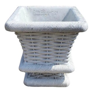 Vintage English Country Style Cement Woven Basket Planter For Sale