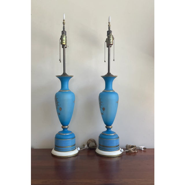 Vintage French Opaline Blue & Gold Gilt Glass Table Lamps - a Pair For Sale - Image 6 of 13