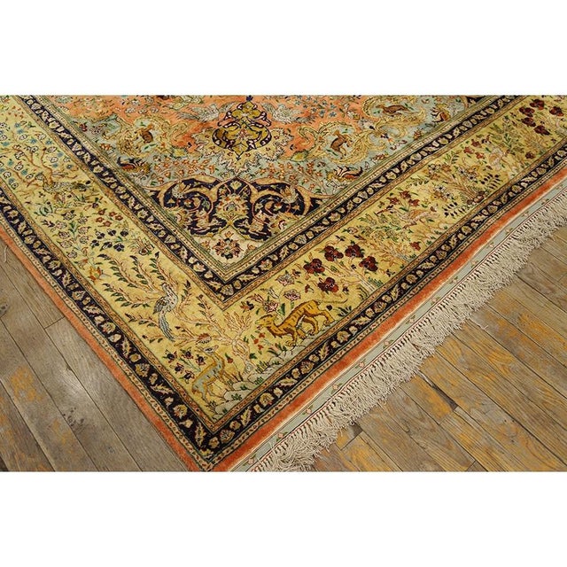 Textile 1940s Classic Salmon Animals Medallion Vintage Tabriz Silk Knotted Room Size Rug For Sale - Image 7 of 9