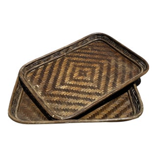 1980s Woven Bamboo Serving Trays - a Pair For Sale