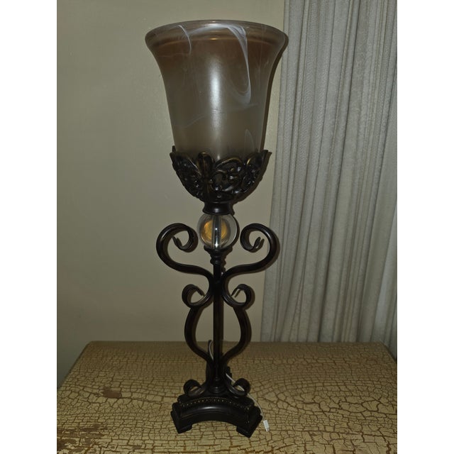 DecMode 30" Scroll Brown Uplight With Beige Glass Shade - a Pair For Sale - Image 4 of 6