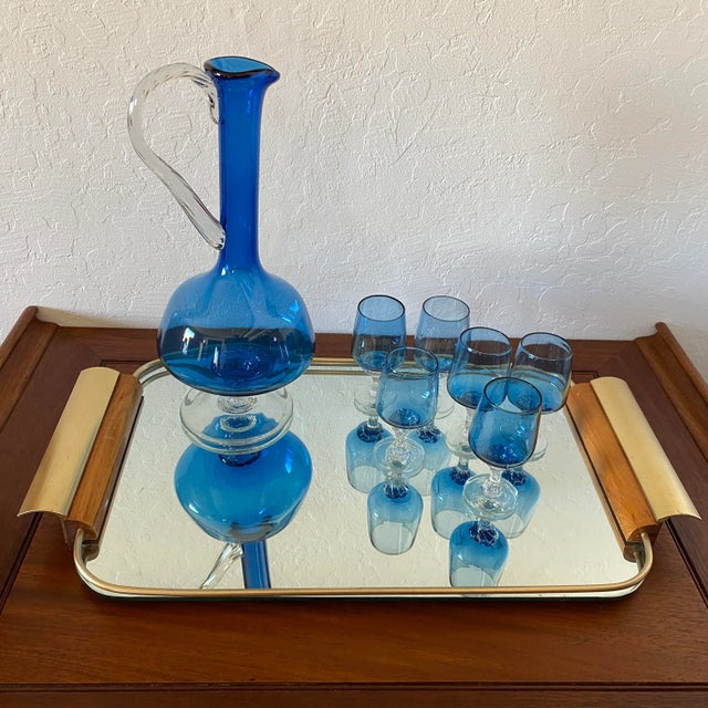 1960s Vintage Mid-Century Modern Italian Vimax Creations Blue Hand Blown Decanter & Cordial Digestif Glass Set - 7 Pieces For Sale - Image 9 of 13