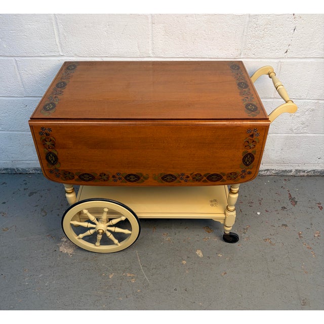 Traditional Vintage Ethan Allen Stenciled Drop Leaf Tea Cart For Sale - Image 3 of 18