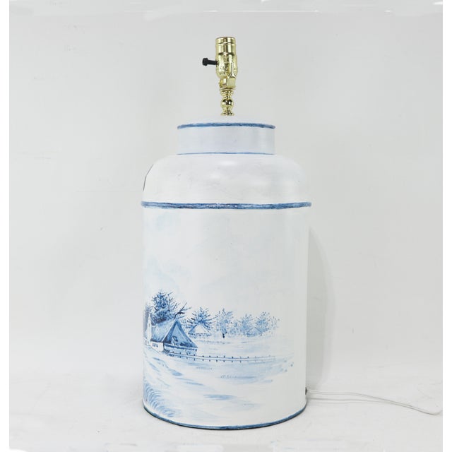 A Pair of Vintage Dutch Delft Hand-Painted Tea Can Table Lamps With Rhine River Scenery For Sale - Image 11 of 12