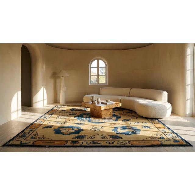 1890s Ivory Antique Scenic Animal Cloud Pictorial Chinese Scholars Peking Rug For Sale - Image 13 of 15