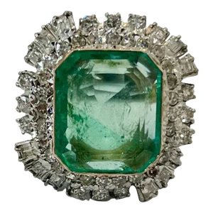 Vintage 12 Carat Colombian Emerald and Diamond Halo Ring Set in Palladium, Size 8