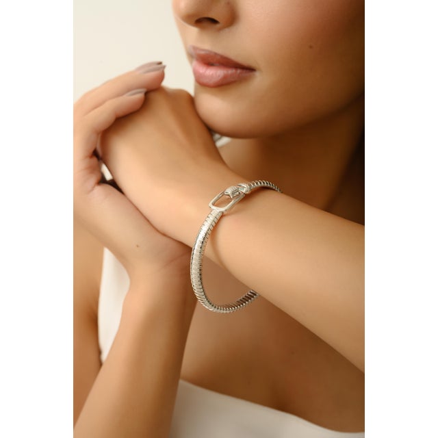 Silver Contemporary 925 Silver Cubic Zirconia Bangle Bracelet With Buckle Lock For Sale - Image 8 of 12