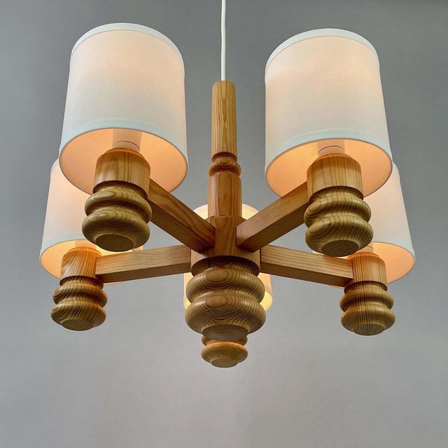 Wood Scandinavian Pine & Fabric 5-Light Chandelier, Sweden, 1970s For Sale - Image 7 of 17