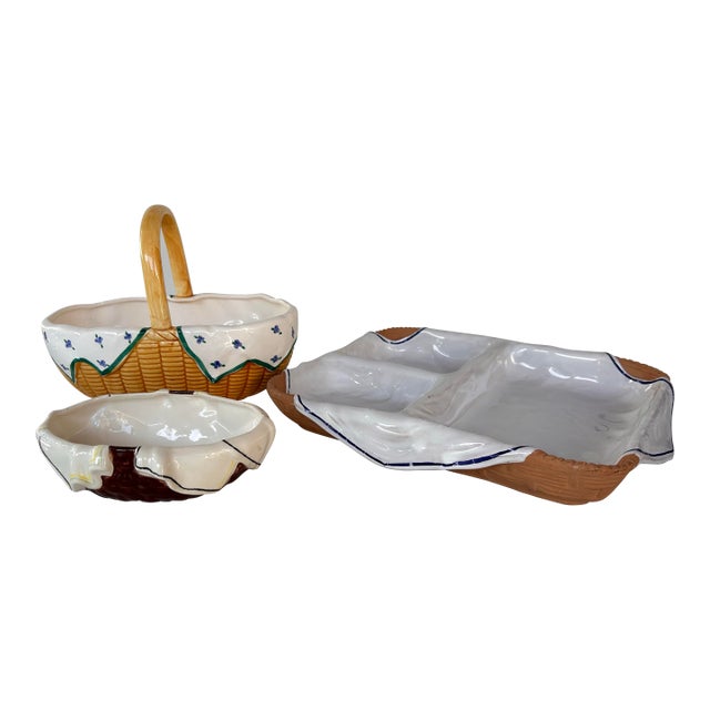 Vintage Collection of "Napkin in a Basket" Ceramic Serving Set For Sale