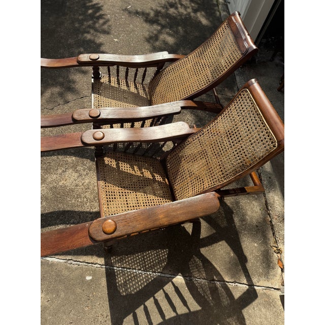 Antique Plantation Chair With Handwoven Cane and Fold Out Footrests - Set of 2 For Sale - Image 11 of 12