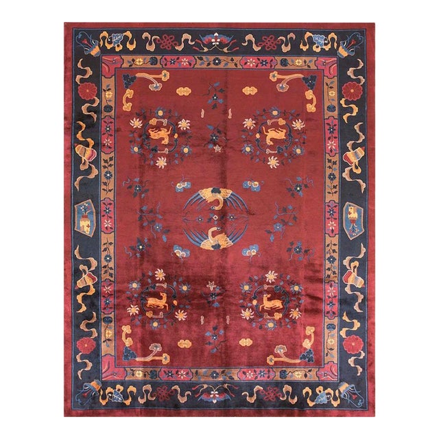 1900s Ruby Red Floral Medallion Antique Chinese Art Deco Rug Knotted Wool Carpet For Sale