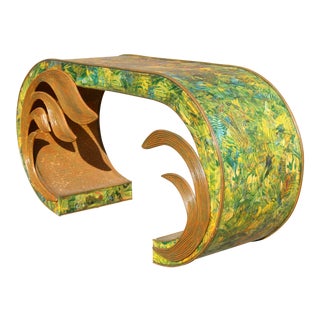 Bamboo and Rattan Waterfall Console Table With Tropical Birds, Flowers and Plants For Sale