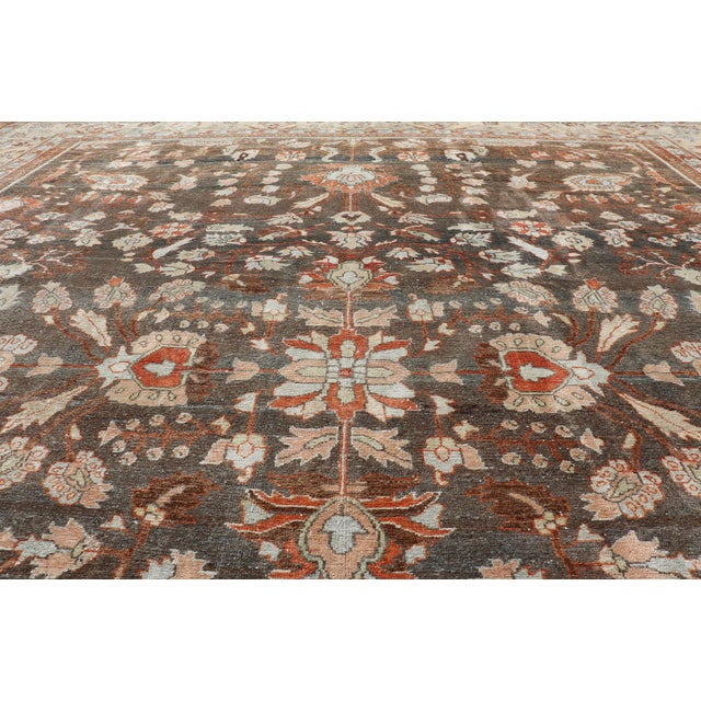Square Antique Persian Malayer Rug With a Brown Field and Stylized Floral Design 11 X 13 For Sale In Atlanta - Image 6 of 18