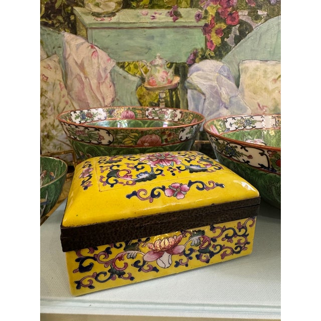 Mid 20th Century Chinoiserie Yellow Famille Rose Porcelain Lidded Box With Hand-Painted Florals and Metal Mount For Sale - Image 5 of 18