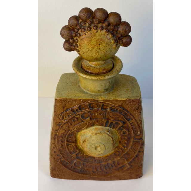 Mid-Century Modern Sculptural Studio Pottery Earthenware Vessel With Organic Figural Stopper For Sale - Image 3 of 7