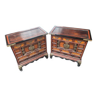 1950s Vintage Pair of Elmwood Korean Bedside Chest Cabinets With Brass Accents For Sale