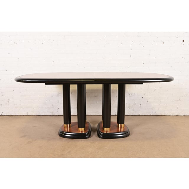 Wood Drexel Heritage Modern Art Deco Walnut and Black Lacquered Double Pedestal Extension Dining Table, Newly Refinished For Sale - Image 7 of 14
