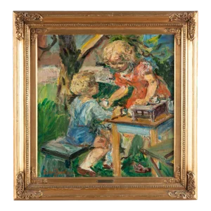 Original Early 20th Century Oil on Canvas Painting of Boy and Girl Playing Tea Party, Signed