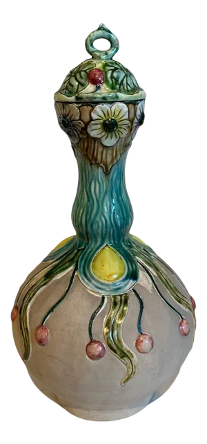 Vintage Ceramic Textured Hand Painted Floral Lidded Vase Vessel